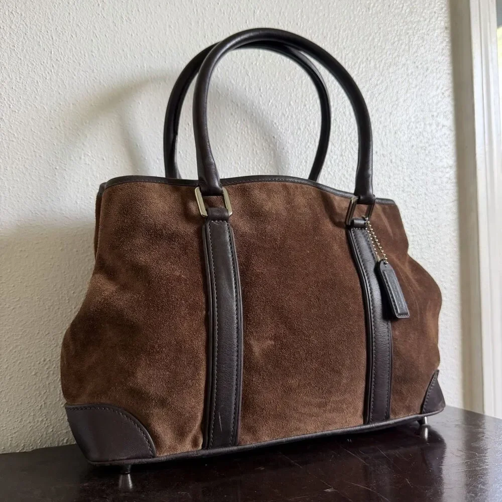 Coach Vtg Y2K 2000s Chocolate Brown Suede Hamptons Leather Trim Satchel Tote Bag
